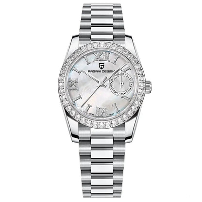 Silver Pagani Design watch with diamond-studded face on a white background