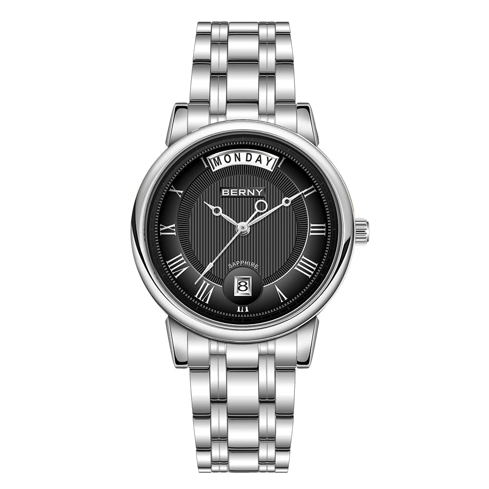 Silver wristwatch with black dial on a white background, featuring the brand 'BERNY'.