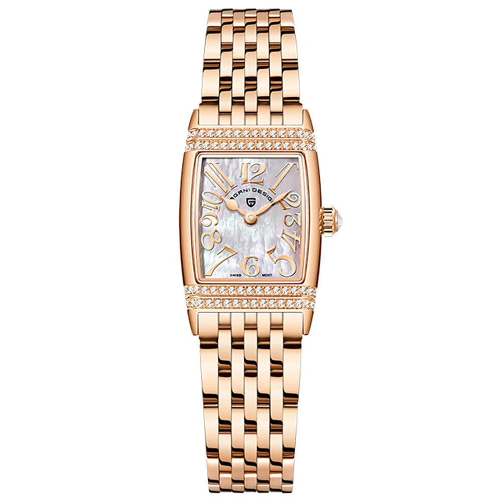 Rose gold watch with diamond accents on a white background, branded 'Pagani Design'.