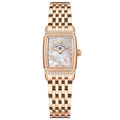 Rose gold watch with diamond accents on a white background, branded 'Pagani Design'.