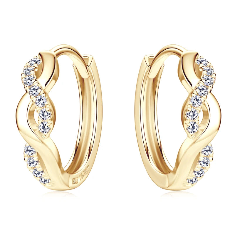 Gold hoop earrings with diamond accents on a white background