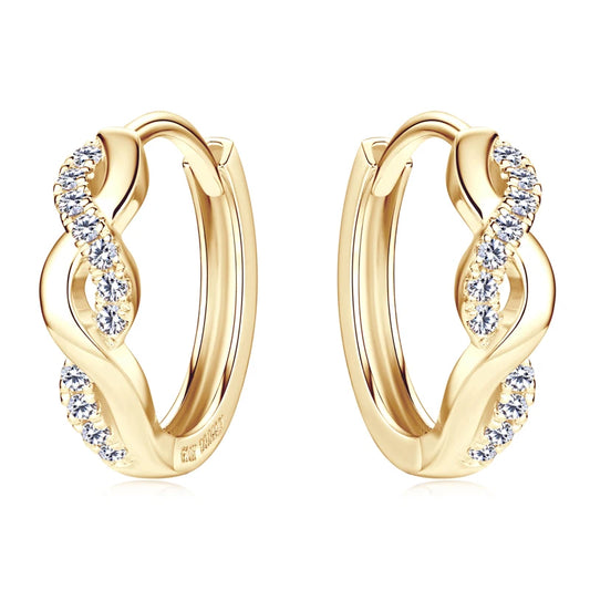 Gold hoop earrings with diamond accents on a white background