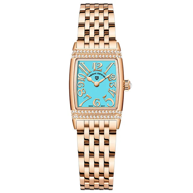 Rose gold watch with a blue face on a white background, branded as Pagani Design.