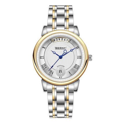 BERNY watch with silver and gold band on a white background