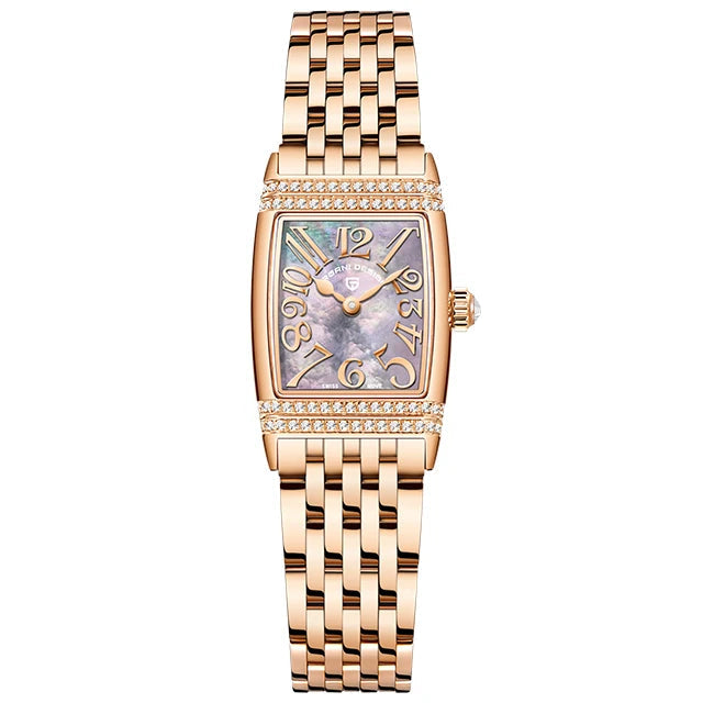 Rose gold watch with a decorative face on a white background, branded 'Pagani Design'.