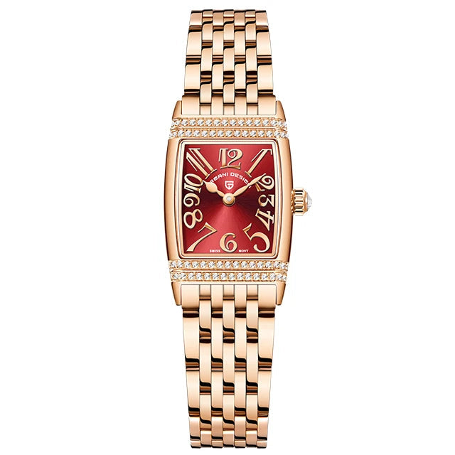 Rose gold watch with red face on a white background, branded 'Pagani Design'.