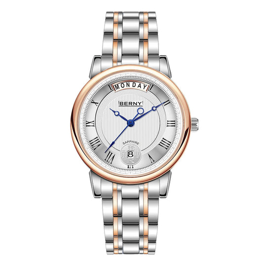 Berny watch with silver and rose gold band on a white background