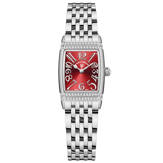 Silver watch with red face on a white background, branded 'Pagani Design'.